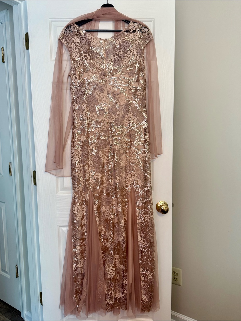 Alex Evenings Taupe Gold Embellished Maxi Dress with Shawl. Size 12.